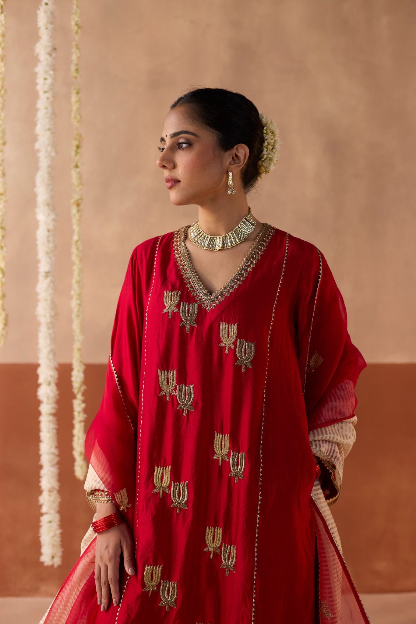 Kamal Banaras Silk Kurta - Ruby Red