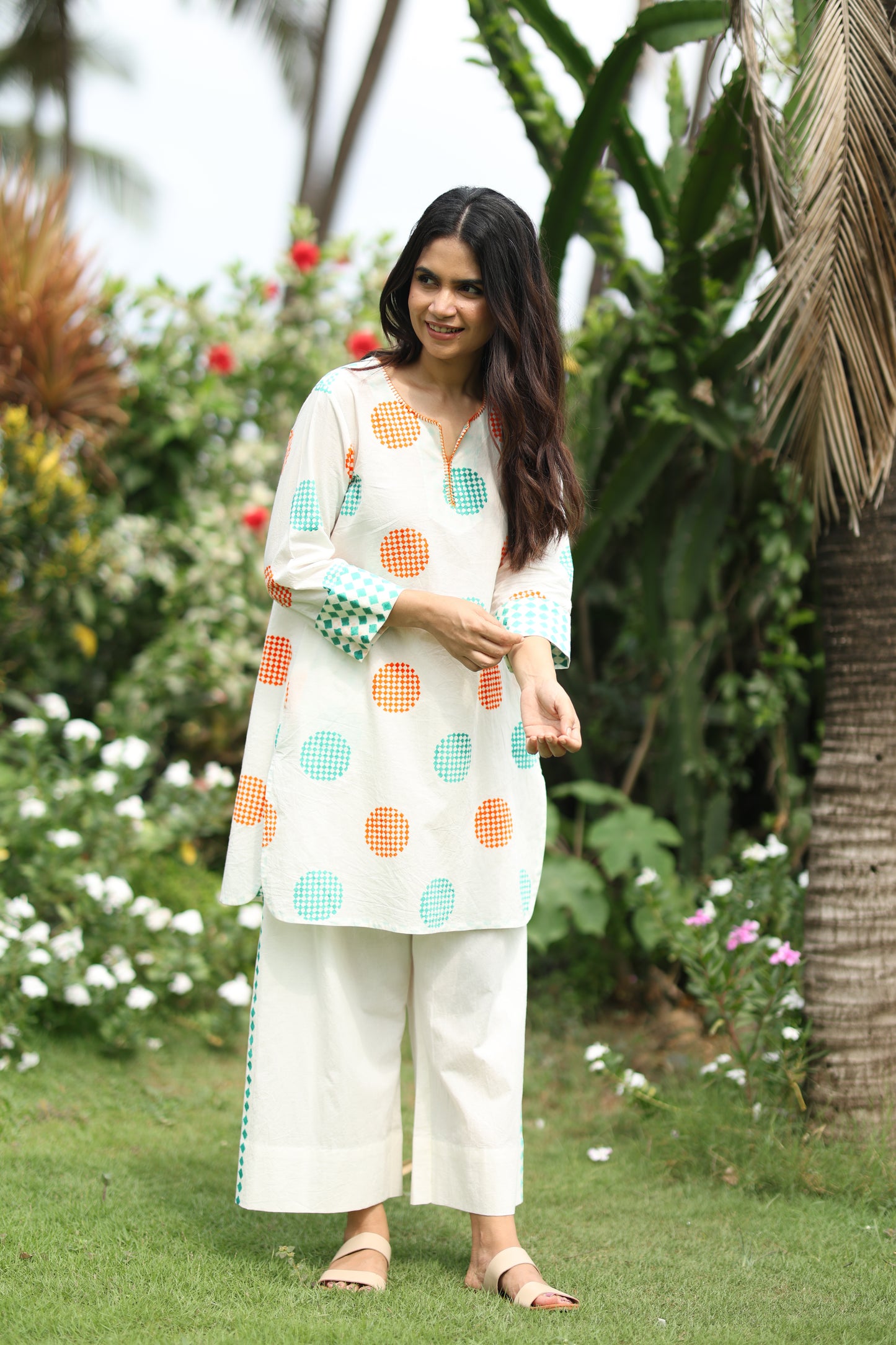 Tropical Orbit Co-ord Set - Ivory + Orange & Sea Green