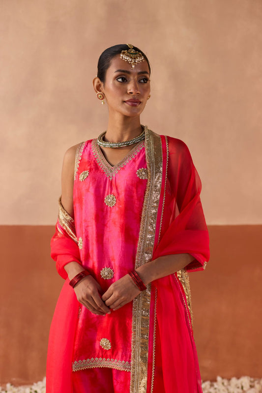 Vaidehi Tie Dye Banarasi Silk Kurti - Gulabi Laal Fusion