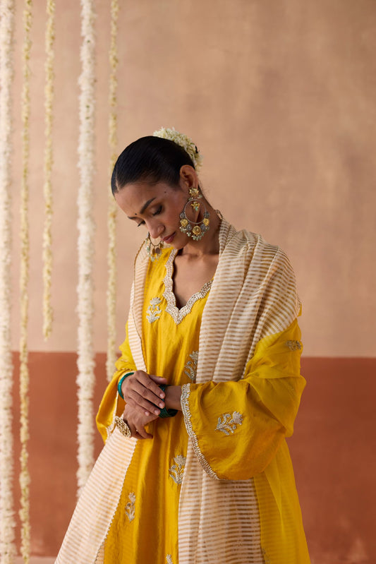 Phoolwari Banaras Silk Kurta - Haldi