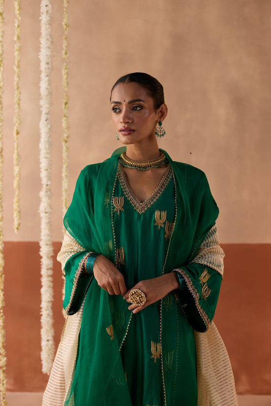 Kamal Banaras Silk Kurta - Green