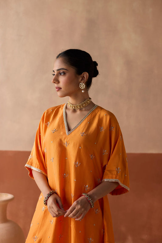 All Over Lotus Butti Kaftan - Marigold