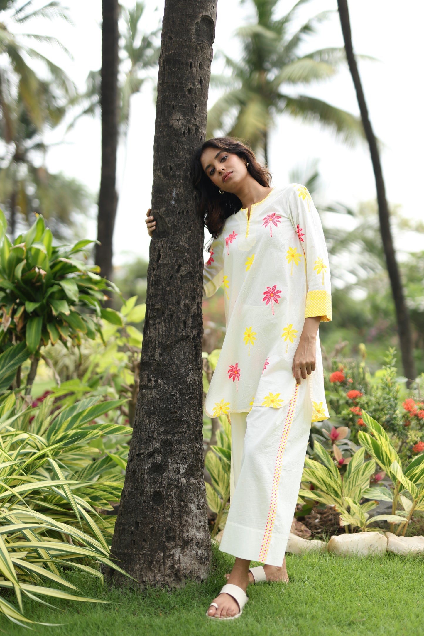 Blush Palm Co-ord Set - Ivory + Yellow & Pink