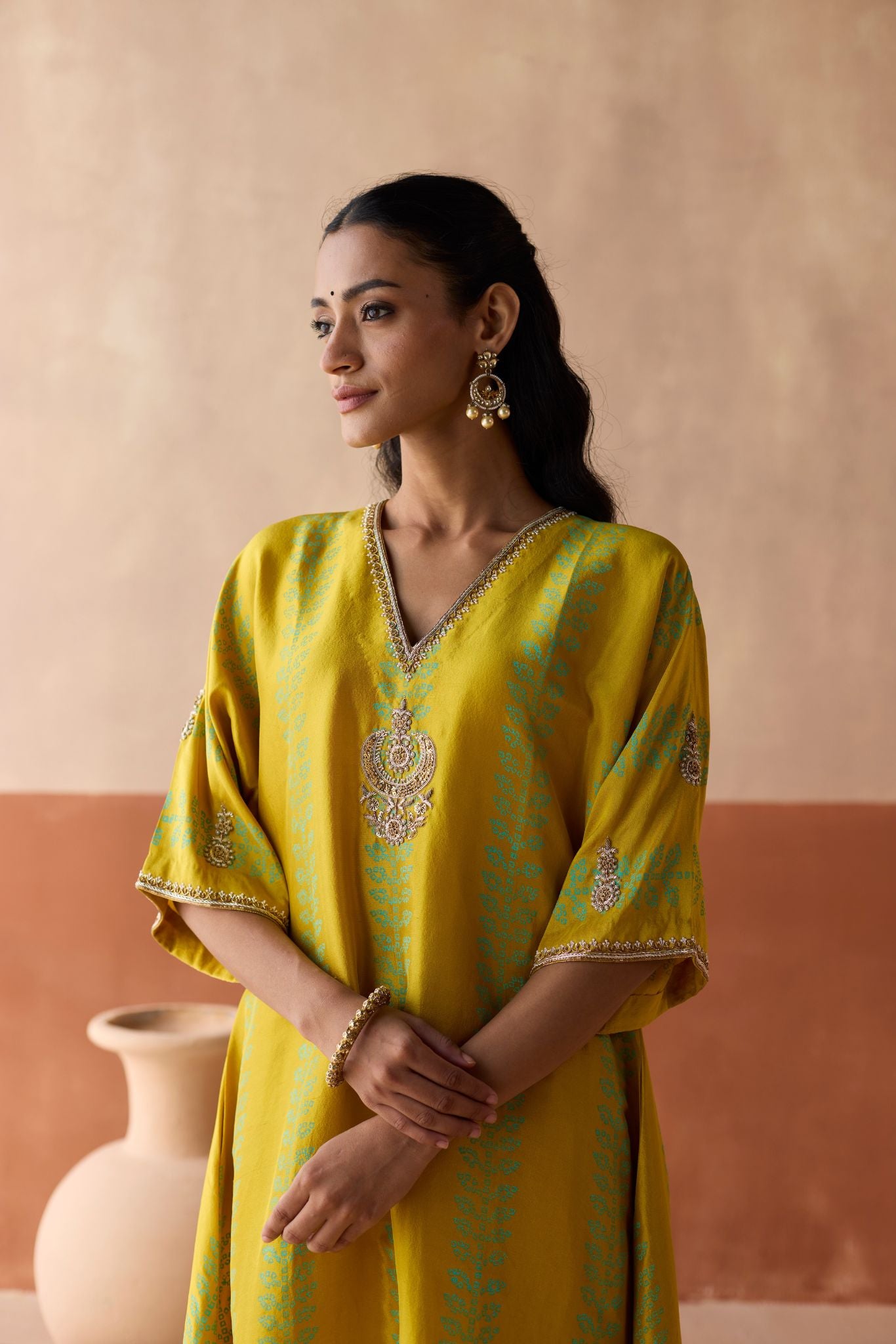 Stripe Chaand Kaftan - Haldi Yellow