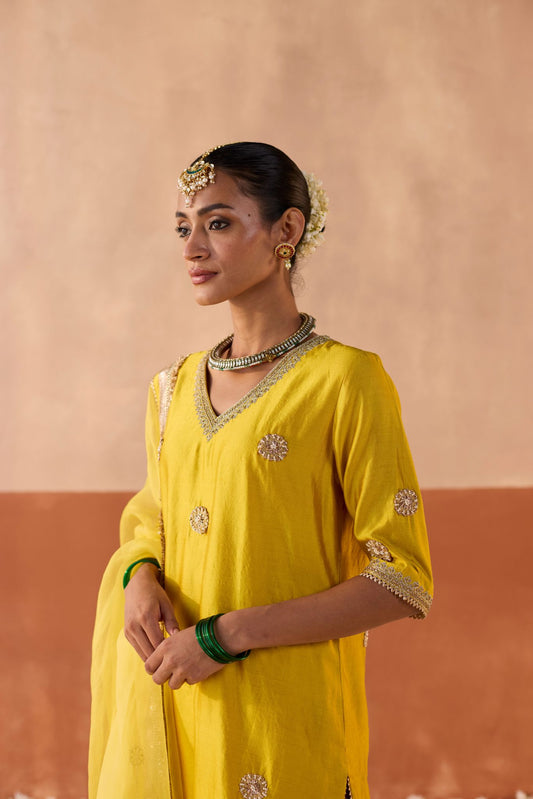Vaidehi Tie Dye Banaras Silk Kurti - Haldi