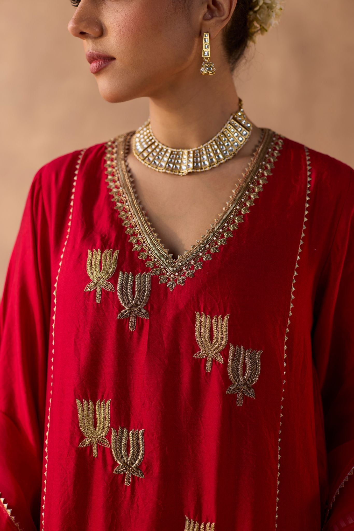 Kamal Banaras Silk Kurta - Ruby Red