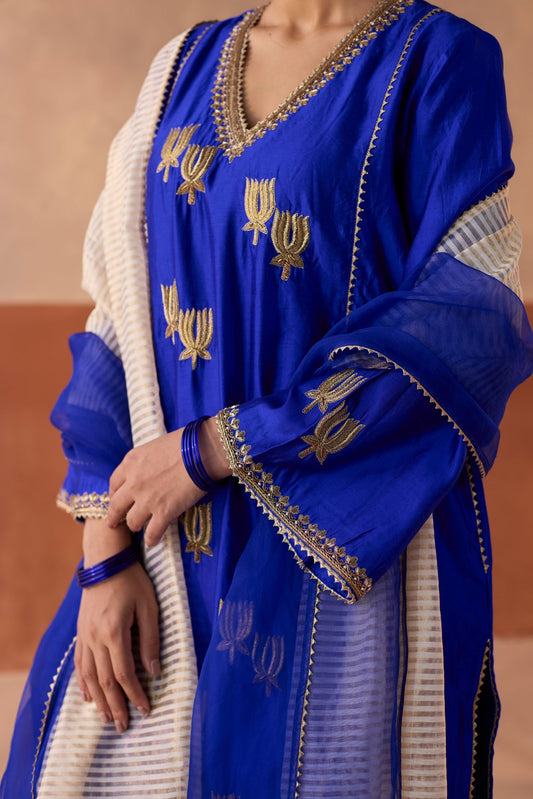 Kamal Banaras Silk Kurta - Blue