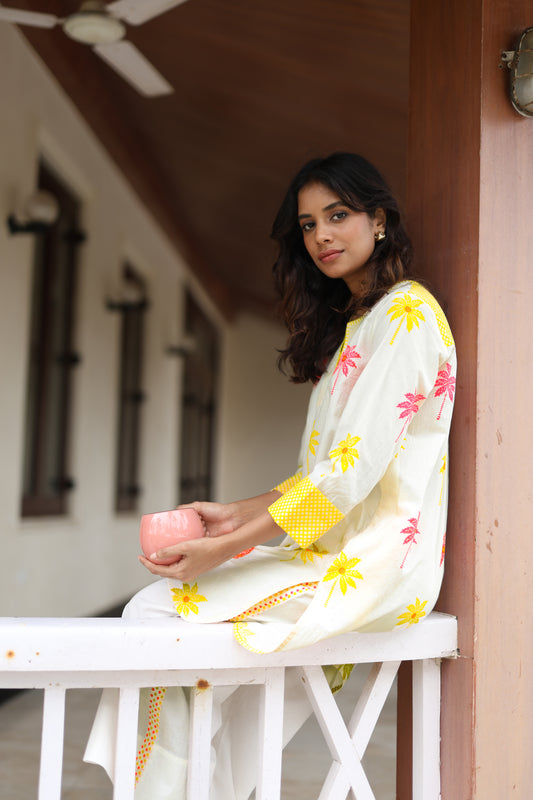 Blush Palm Co-ord Set - Ivory + Yellow & Pink