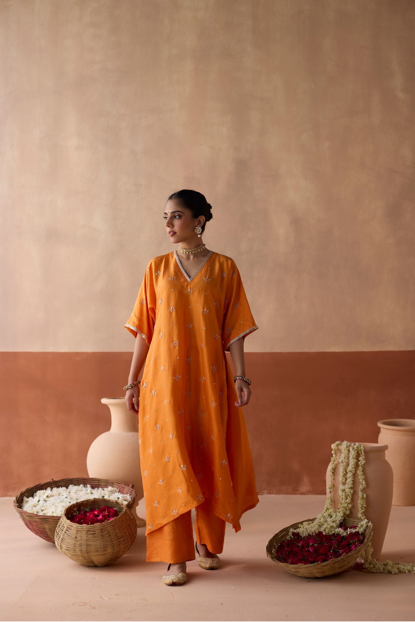 All Over Lotus Butti Kaftan - Marigold