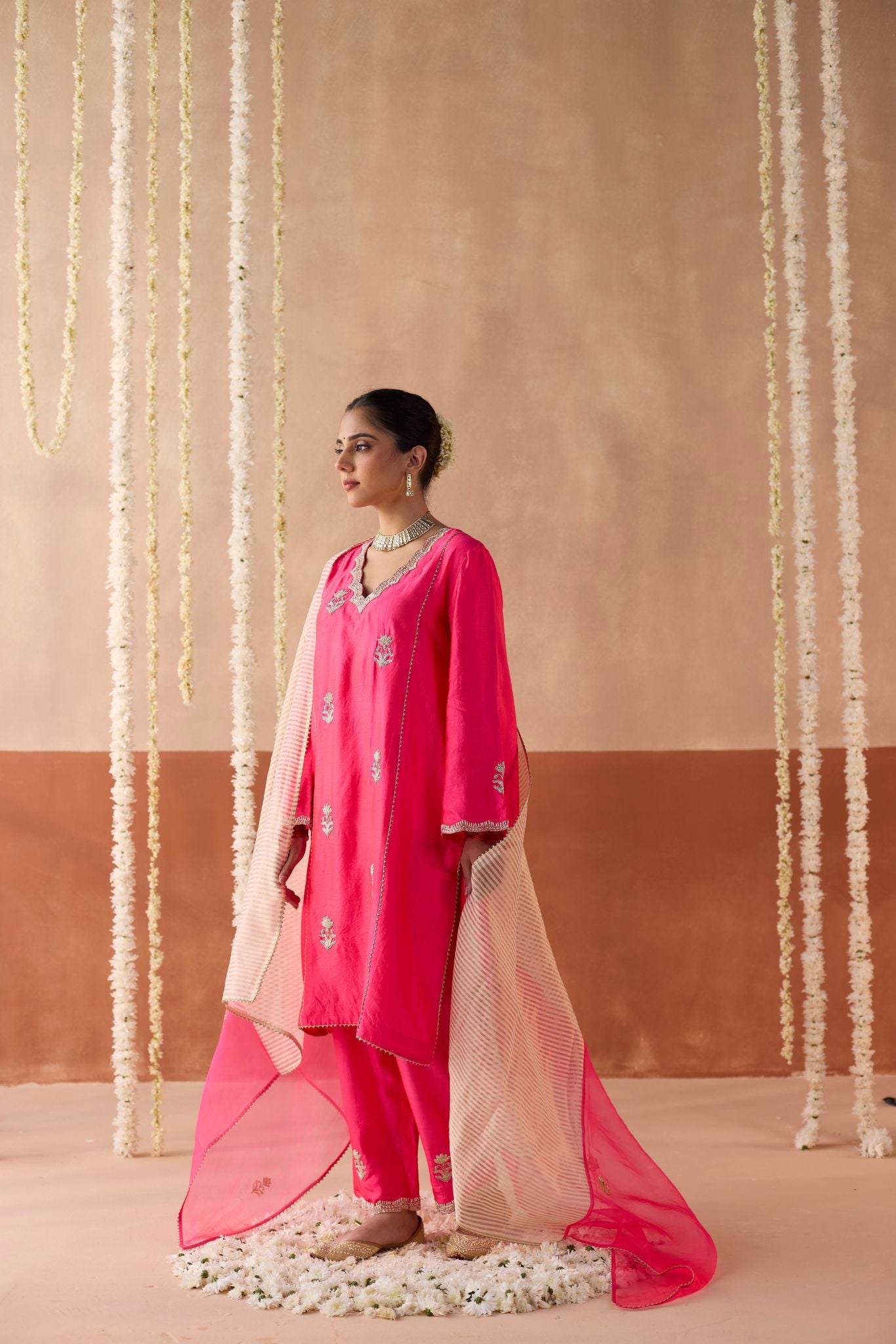 Phoolwari Banaras Silk Kurta - Fuchsia