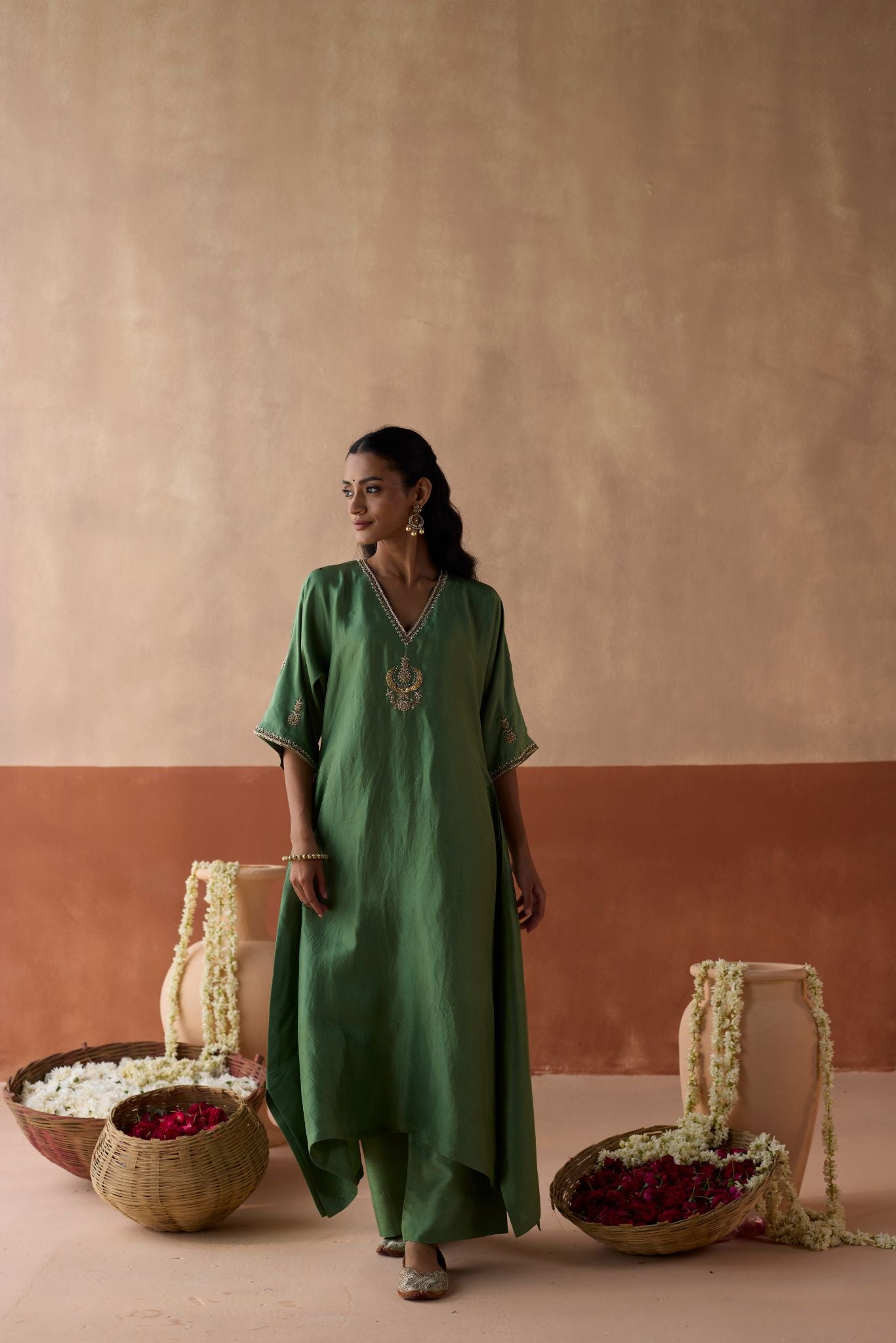 Plain Chaand Kaftan - Sage Green