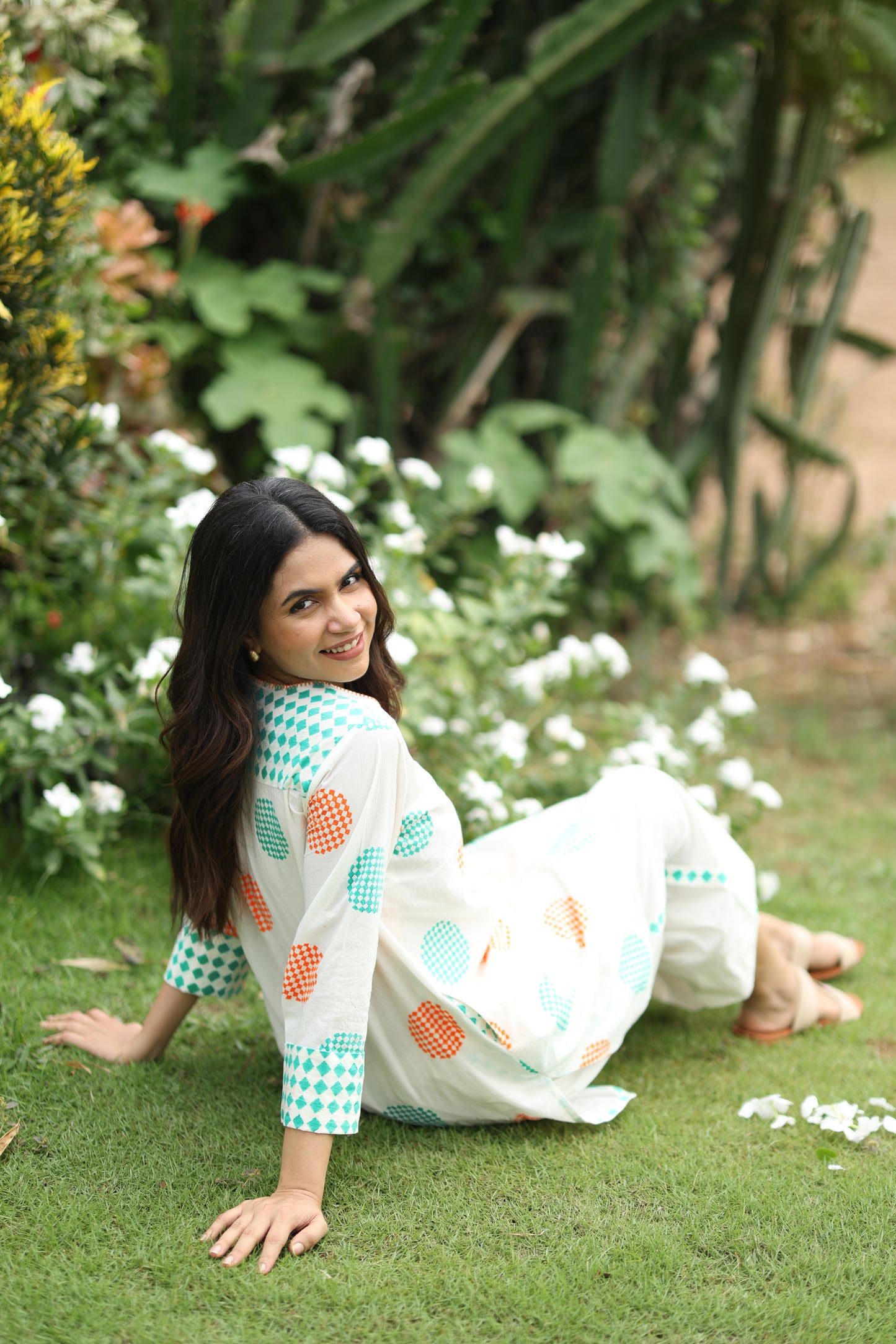 Tropical Orbit Co-ord Set - Ivory + Orange & Sea Green