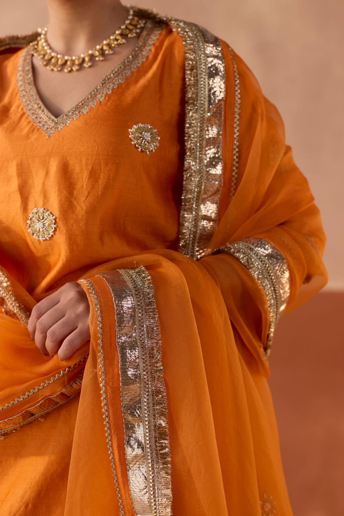 Vaidehi Tie Dye Banaras Silk Kurti - Marigold