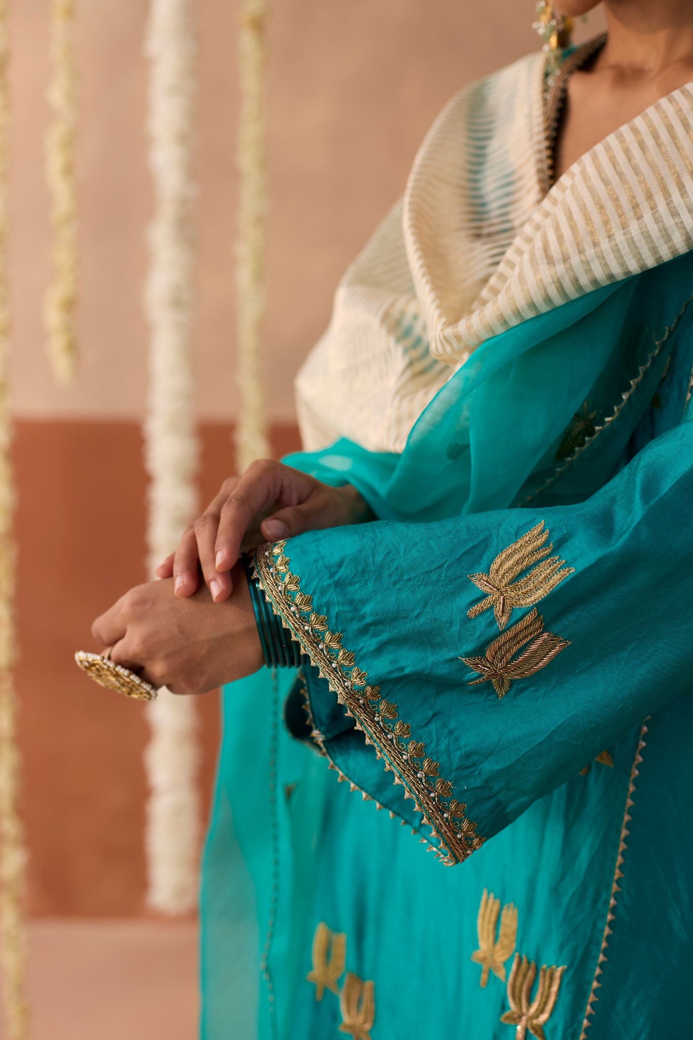 Kamal Banaras Silk Kurta - Turquoise