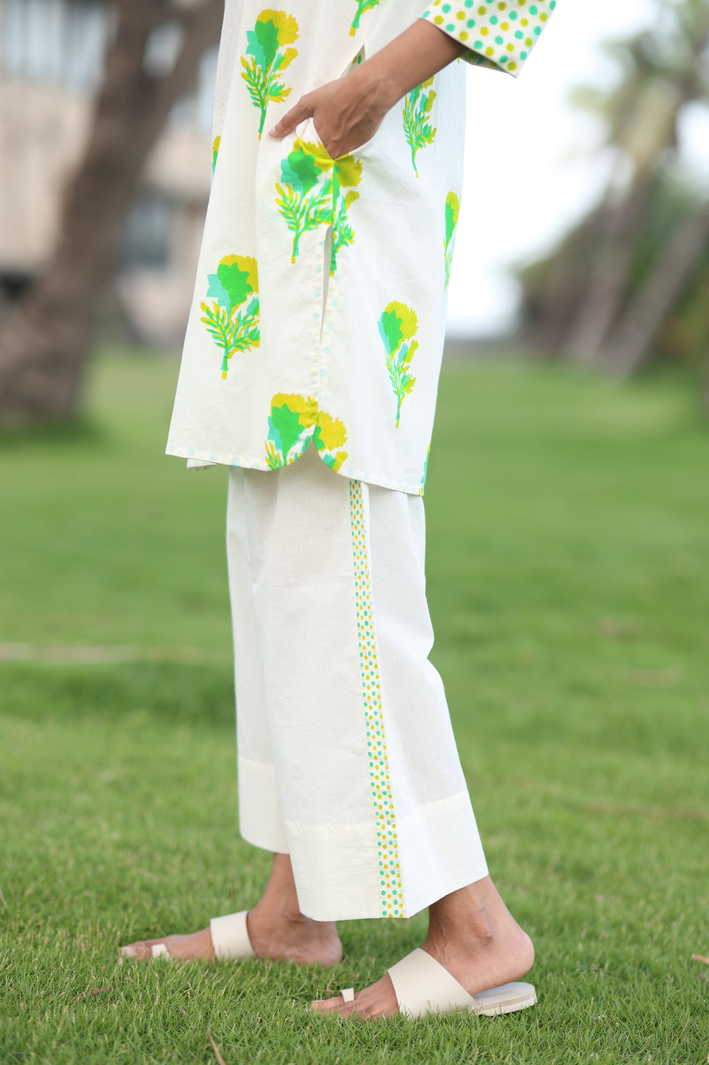 Sunshadow Co-ord Set - Ivory + Yellow & Green