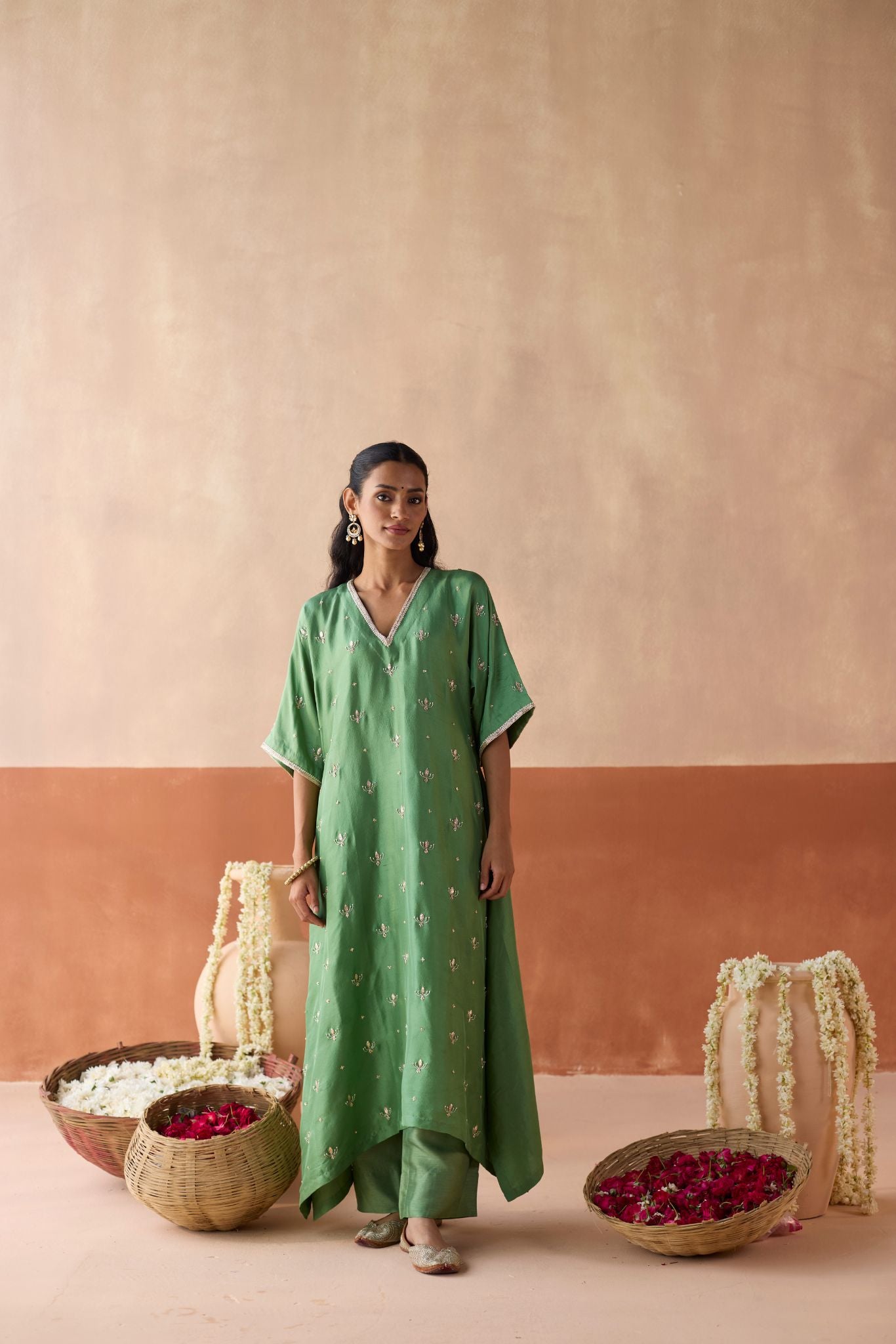 All Over Lotus Butti Kaftan - Sage Green
