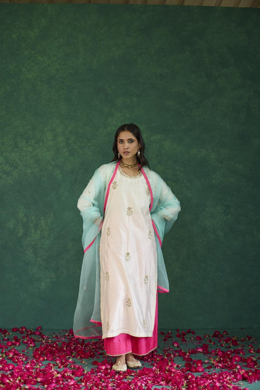 Pastel Bloom: Ivory + Pink and Light Blue Silk Sharara Set