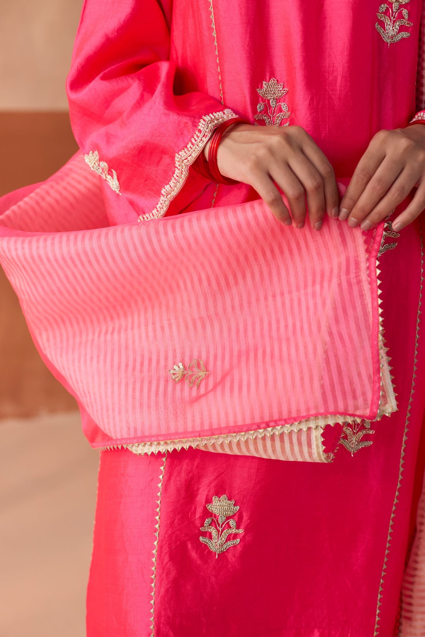 Phoolwari Banaras Silk Kurta - Fuchsia