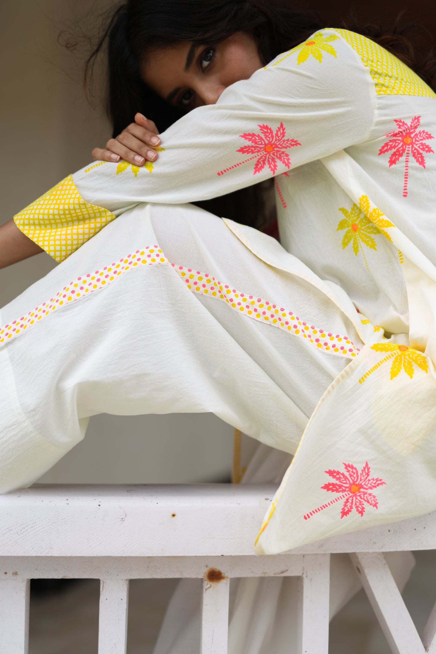 Blush Palm Co-ord Set - Ivory + Yellow & Pink