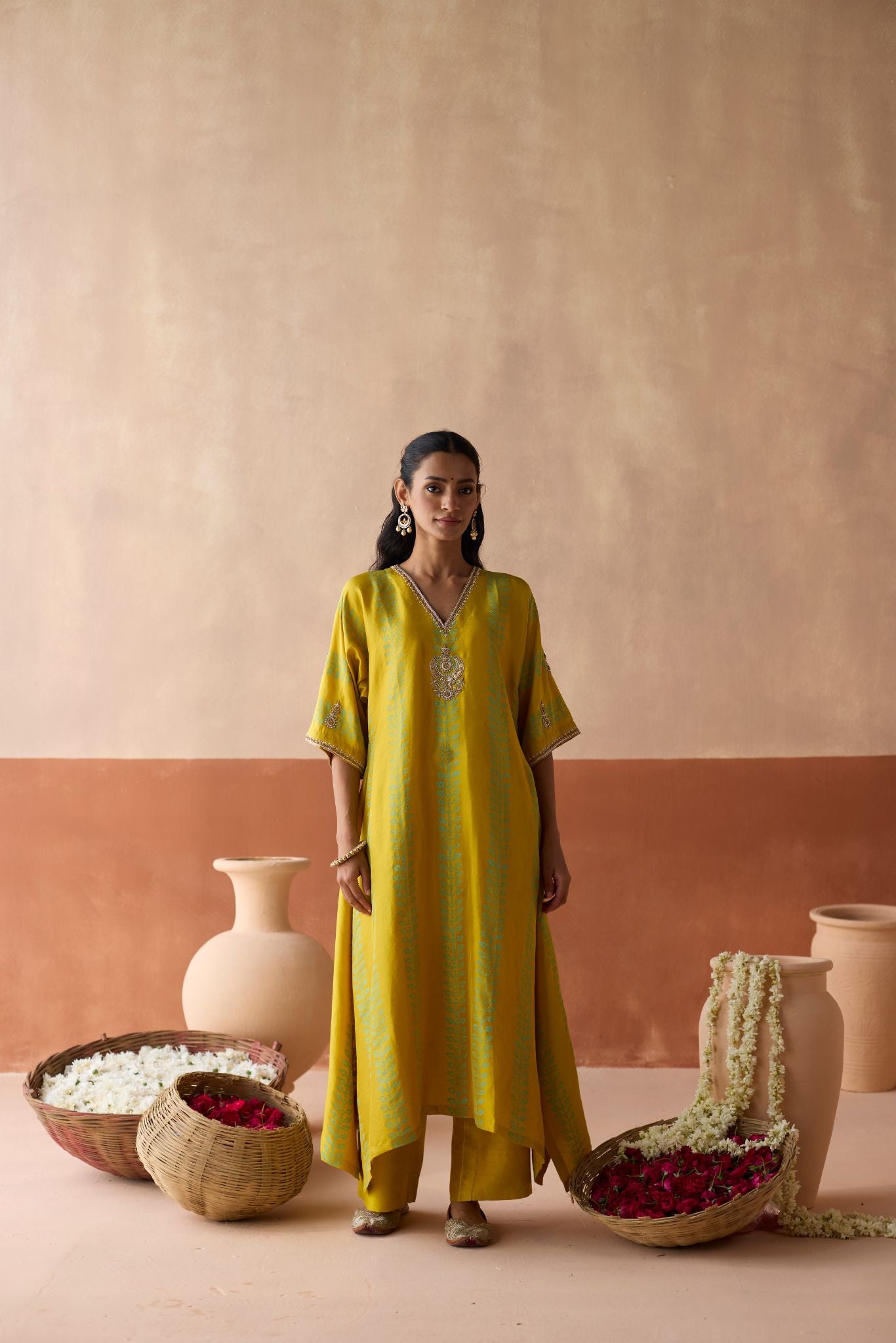Stripe Chaand Kaftan - Haldi Yellow