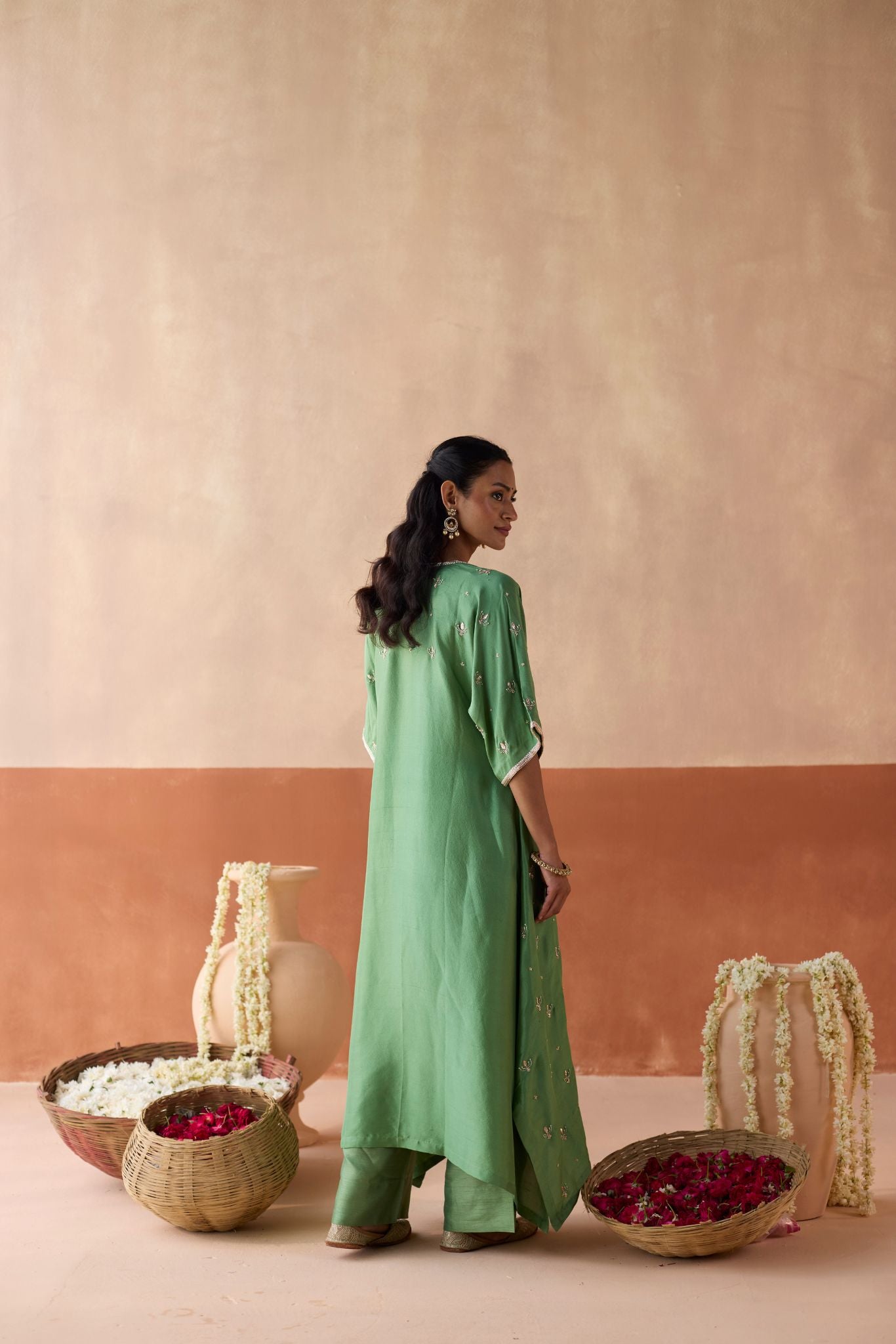 All Over Lotus Butti Kaftan - Sage Green