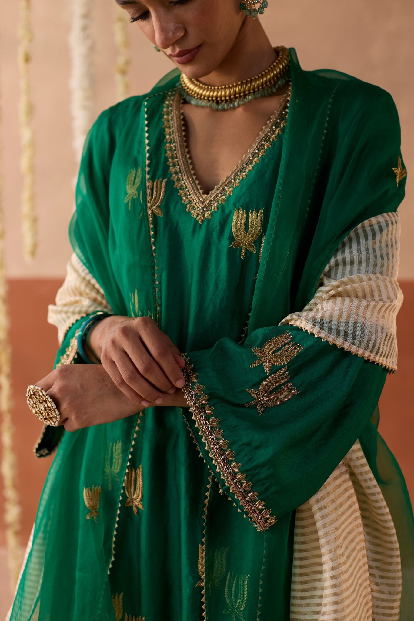 Kamal Banaras Silk Kurta - Green