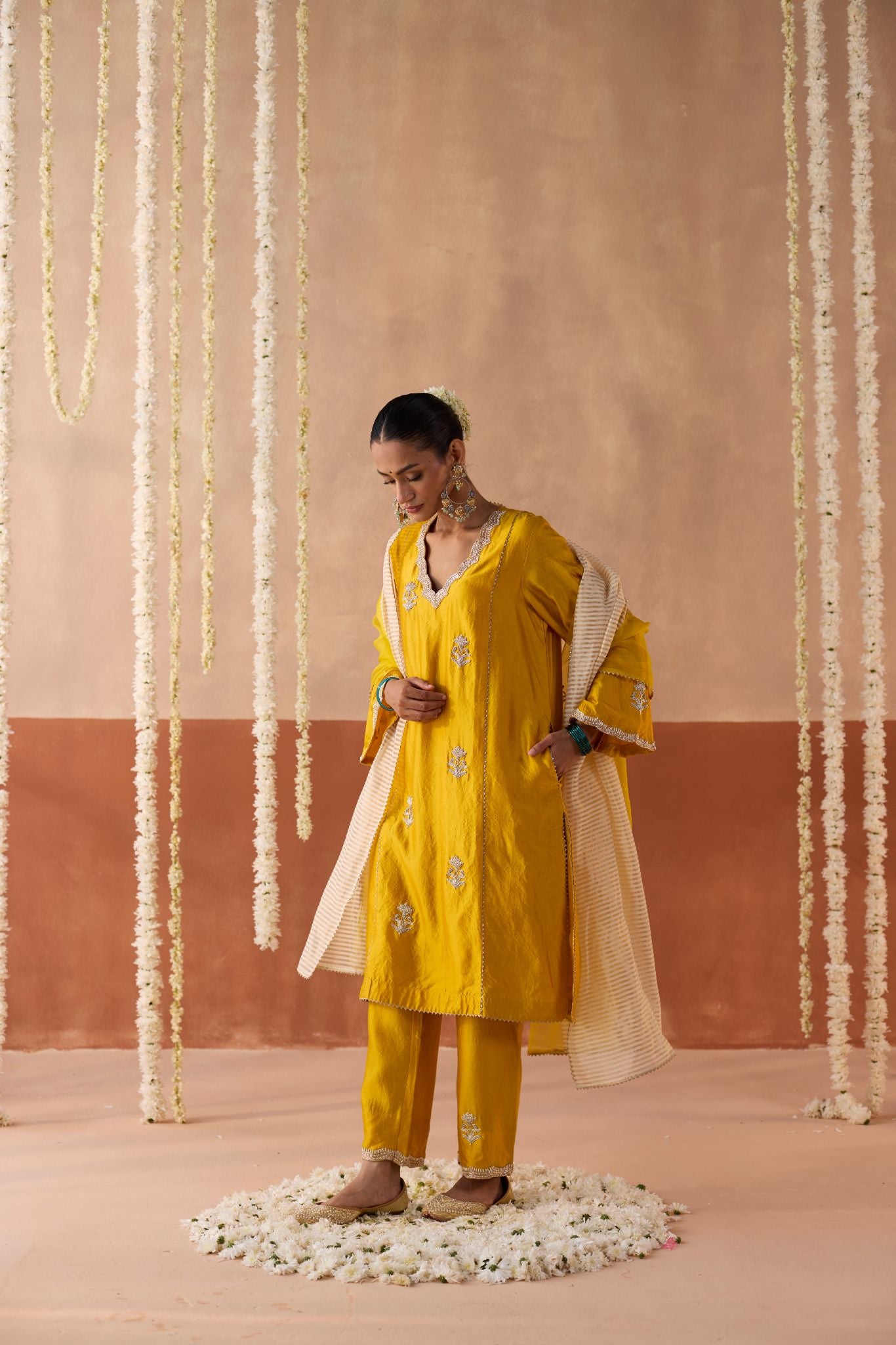 Phoolwari Banaras Silk Kurta - Haldi