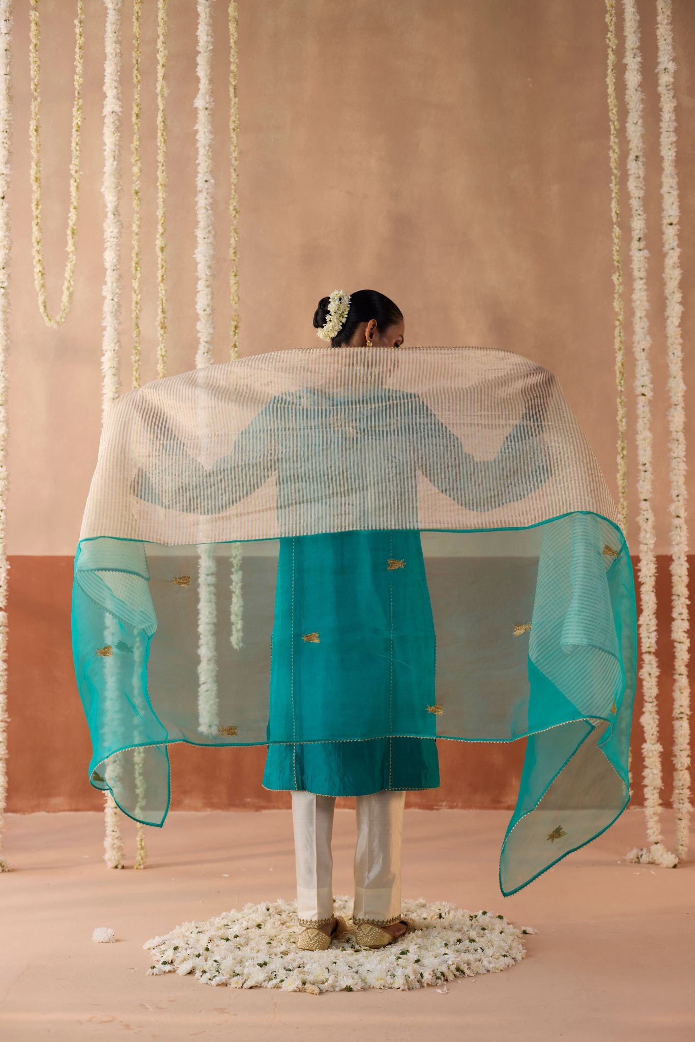 Kamal Banaras Silk Kurta - Turquoise