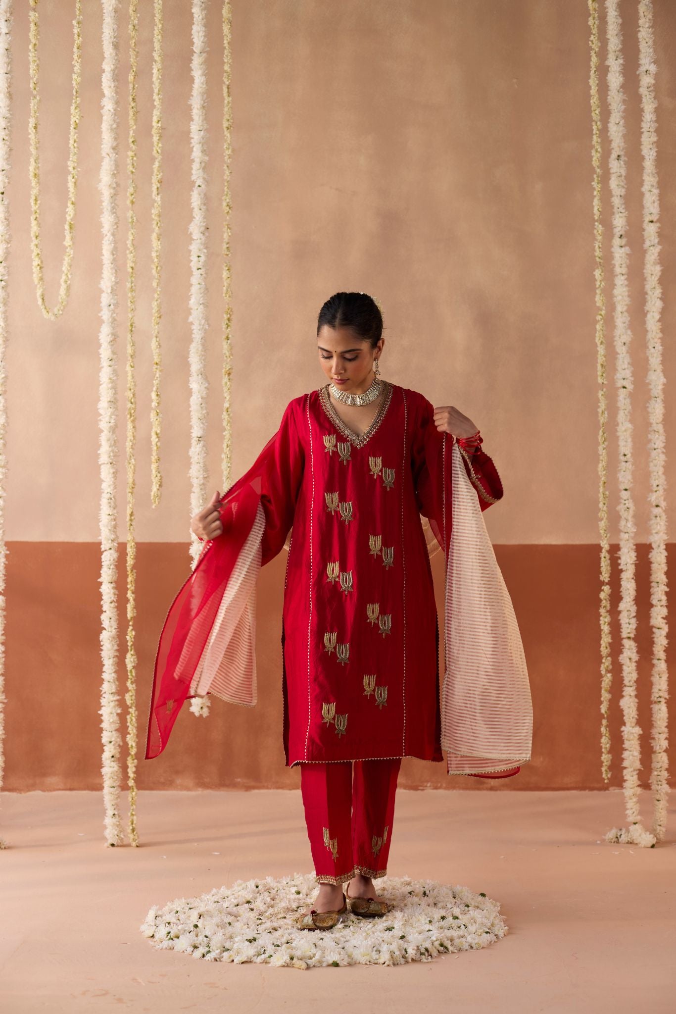 Kamal Banaras Silk Kurta - Ruby Red