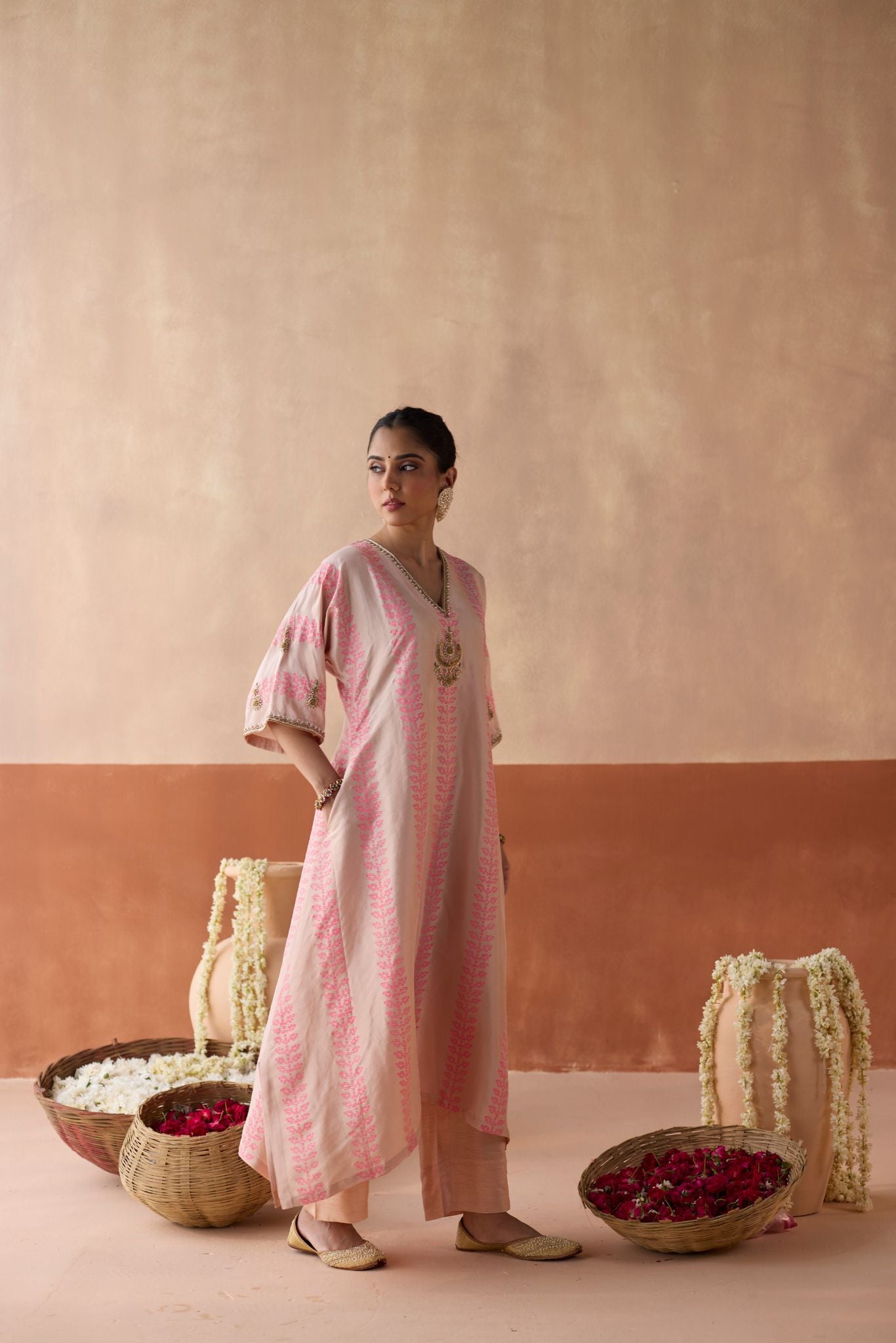 Stripe Chaand Kaftan - Blush Pink