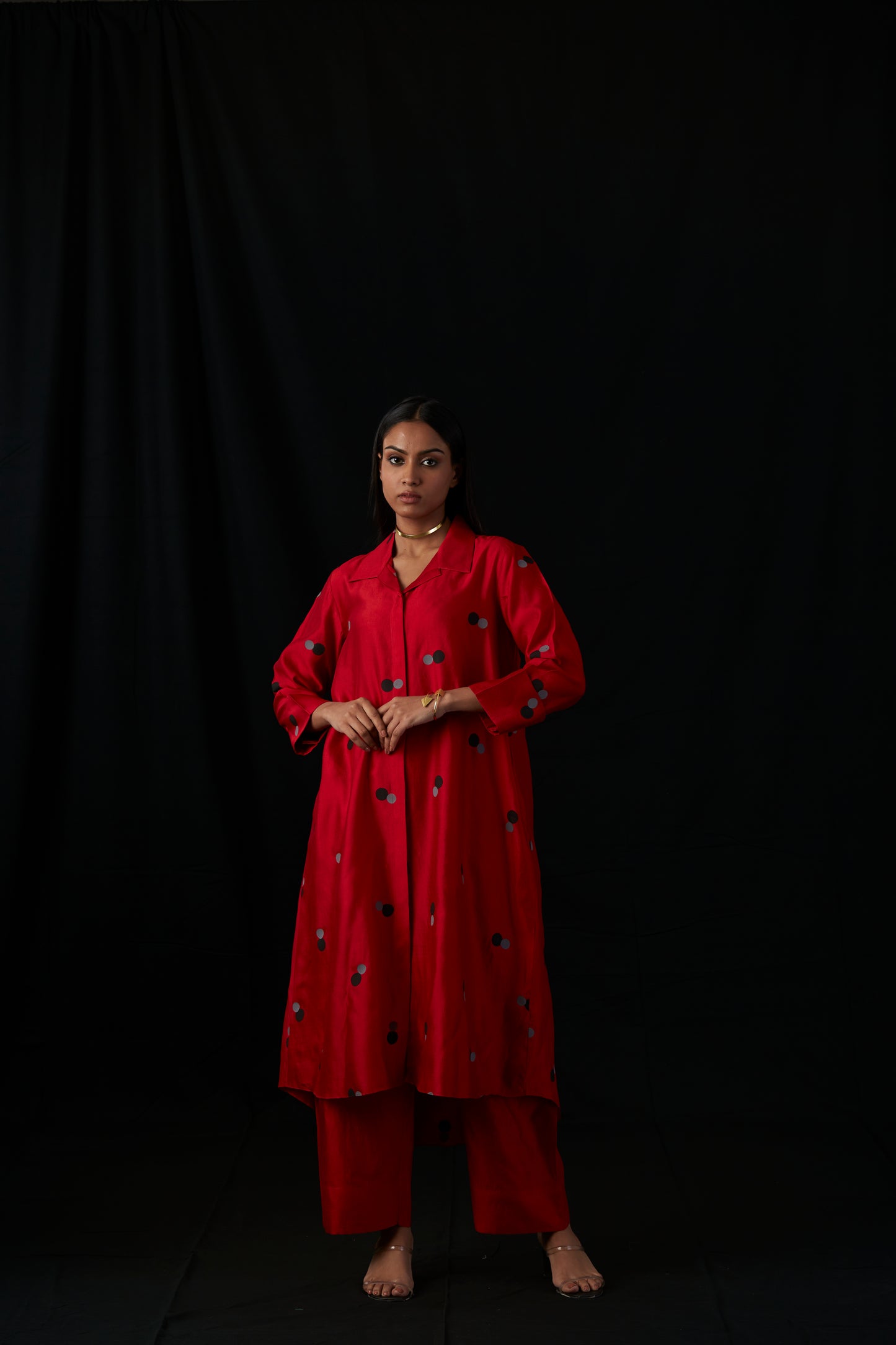 Crimson Dot Gala | Block Print Silk Kurta Set