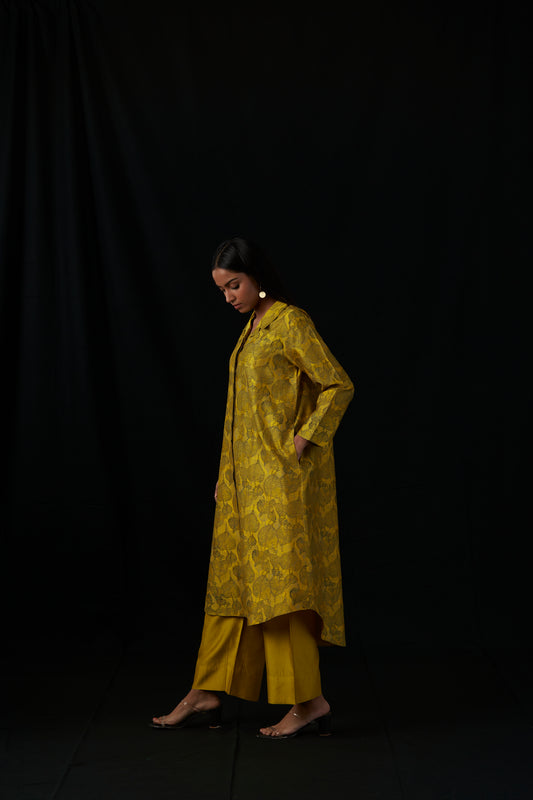 Golden Leaf Soirée | Block Print Silk Kurta Set