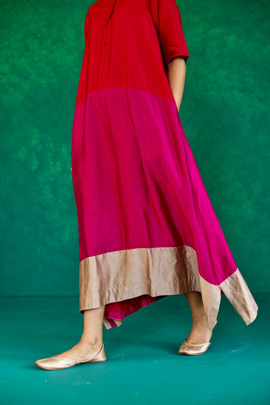 Ruby Reverie: Red + Magenta + Ecru Block Print Silk Dress