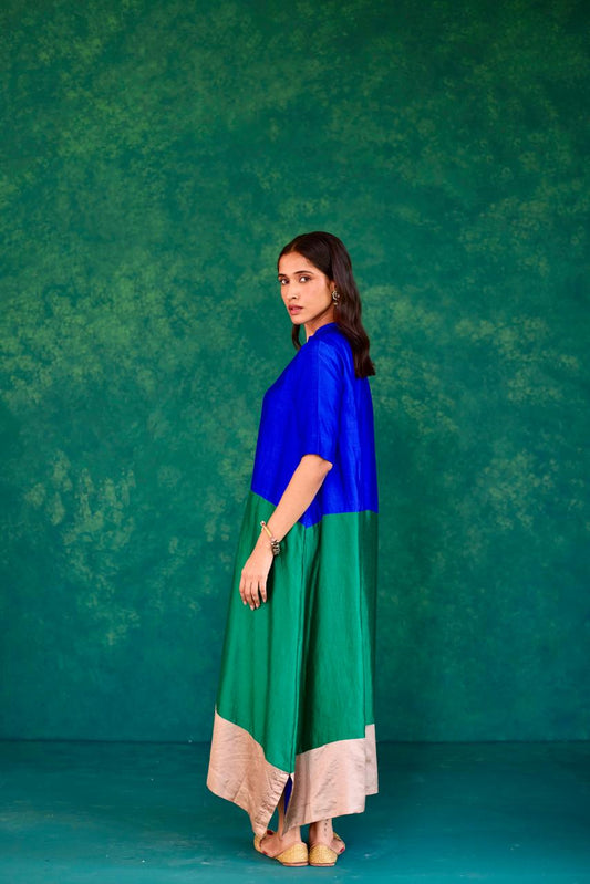 Aqua Harmony: Blue + Green + Ecru Block Print Silk Dress