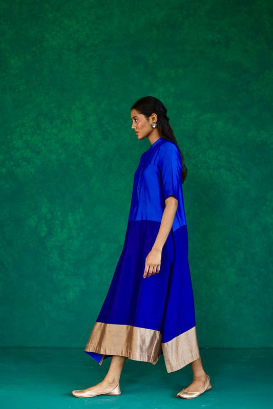 Twilight Bloom: Blue + Violet + Ecru Block Print Silk Dress