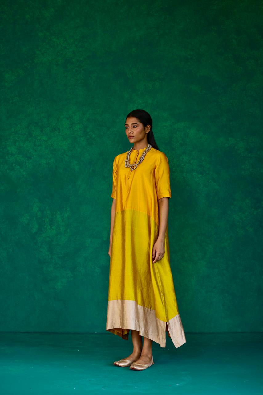 Sunlit Splendor: Yellow + Leaf Green + Ecru Block Print Silk Dress