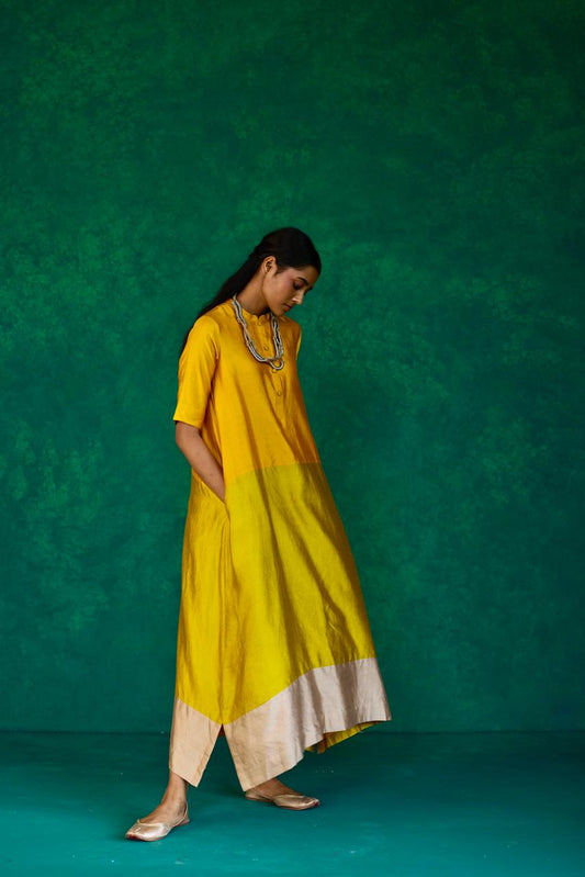 Sunlit Splendor: Yellow + Leaf Green + Ecru Block Print Silk Dress
