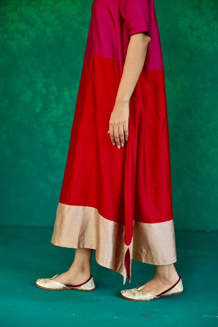 Crimson Glow: Magenta + Red + Ecru Block Print Silk Dress