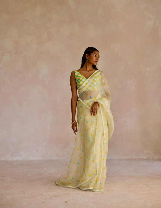 Ivory Dot Delight: Organza Block Printed Saree