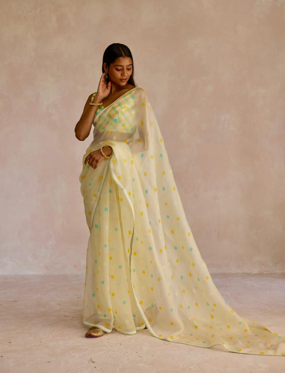Ivory Dot Delight: Organza Block Printed Saree