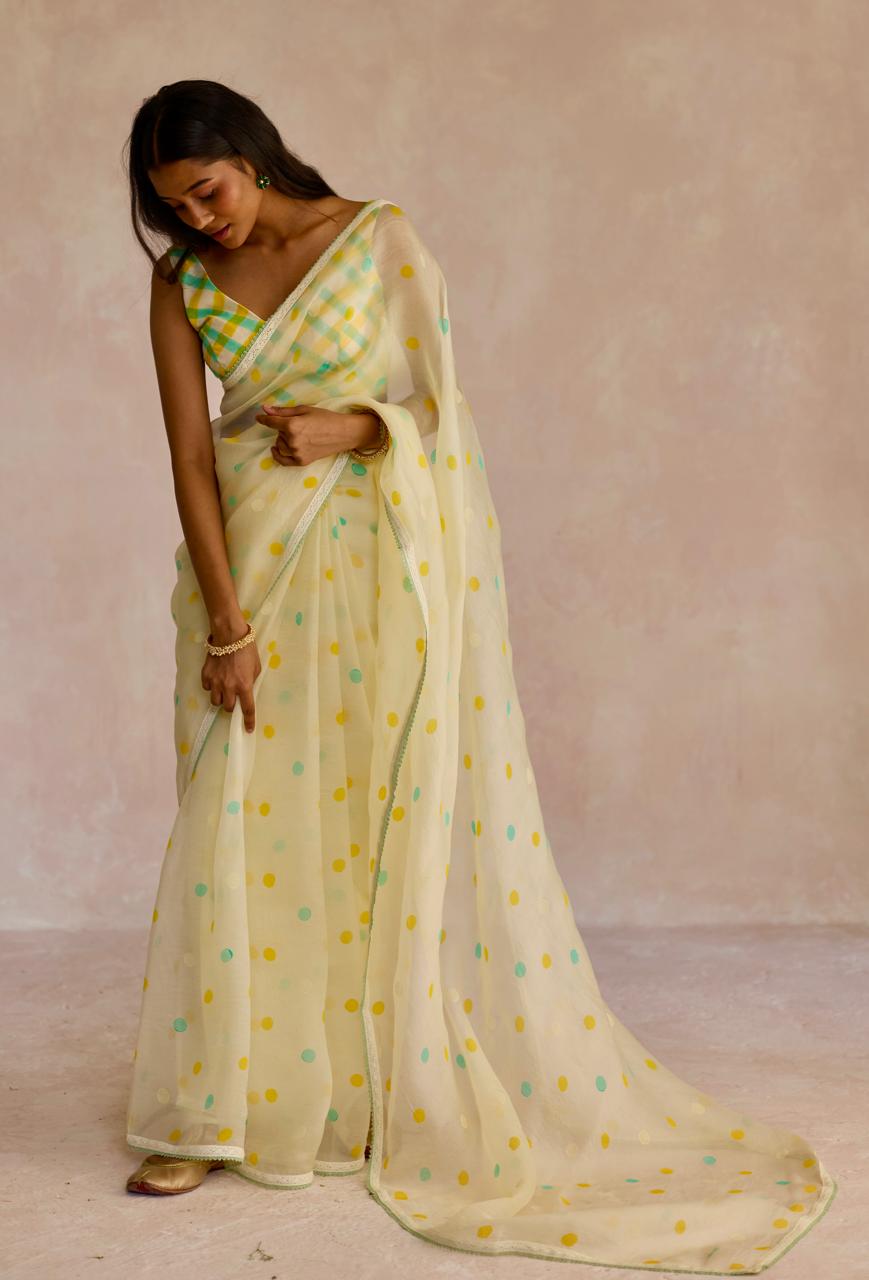 Ivory Dot Delight: Organza Block Printed Saree
