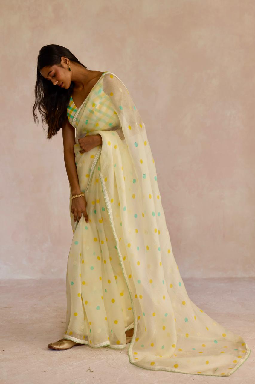 Ivory Dot Delight: Organza Block Printed Saree