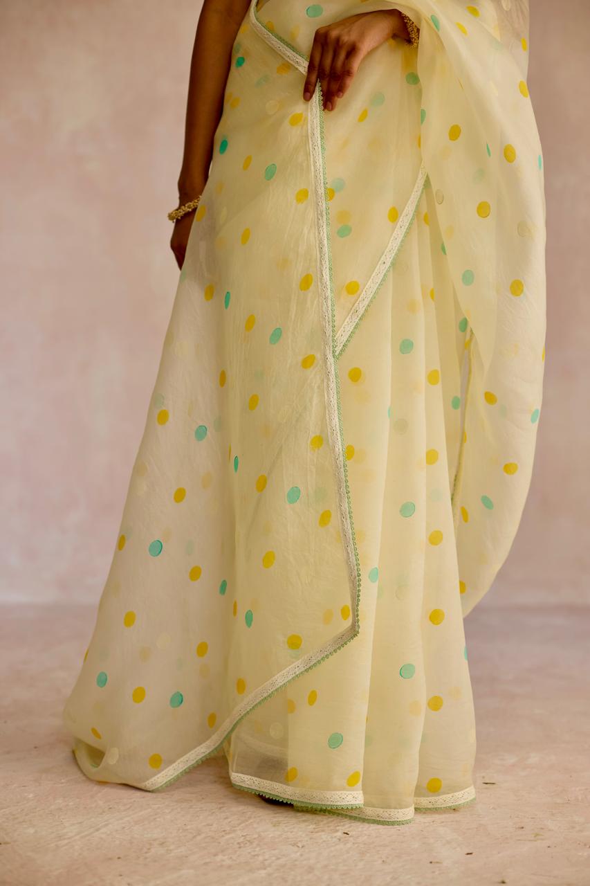 Ivory Dot Delight: Organza Block Printed Saree