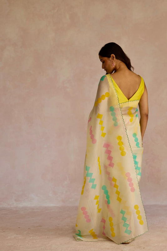 Ivory Zig Zag Charm: Organza Block Printed Saree
