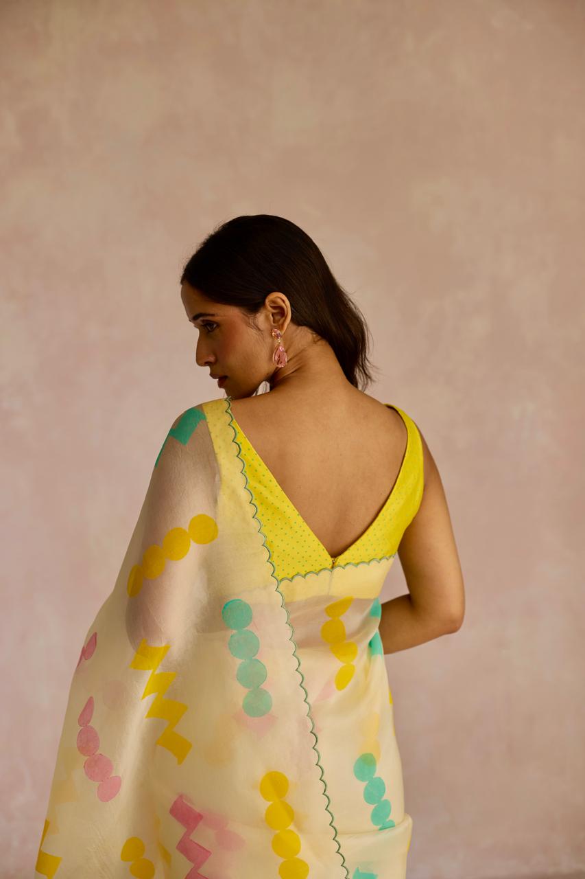 Ivory Zig Zag Charm: Organza Block Printed Saree