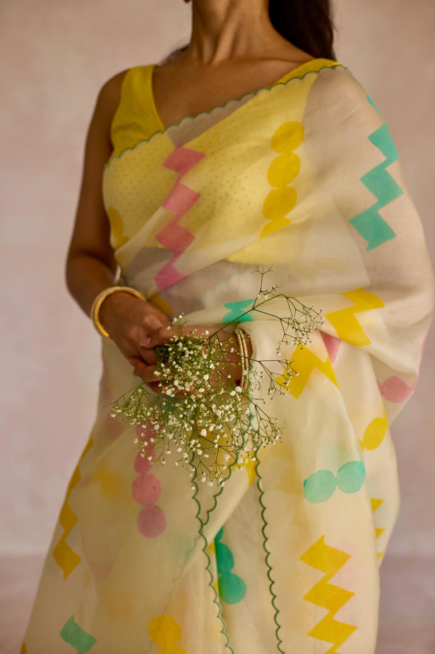 Ivory Zig Zag Charm: Organza Block Printed Saree