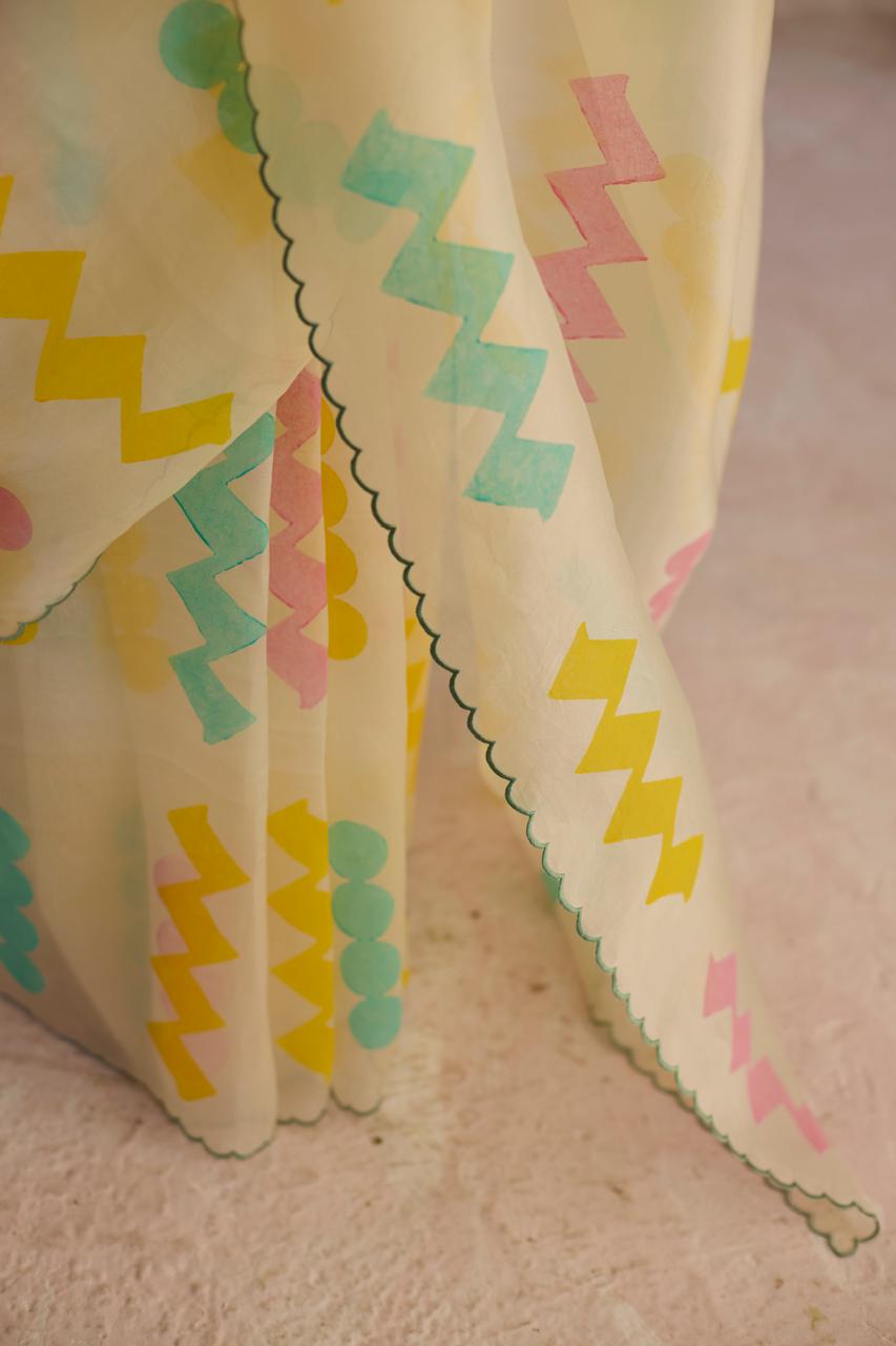 Ivory Zig Zag Charm: Organza Block Printed Saree