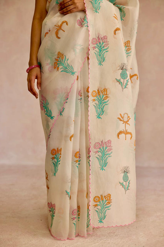 Ivory Butta Beauty: Organza Block Printed Saree
