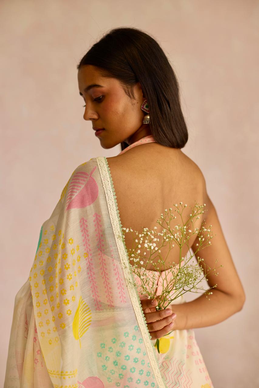 Ivory Multi Splendor: Organza Block Printed Saree