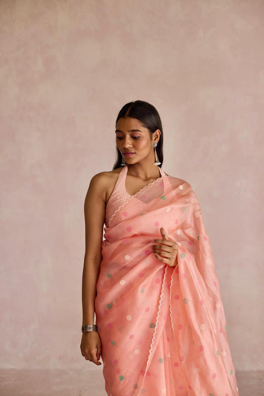 Pink Radiance: Organza Block Printed Saree